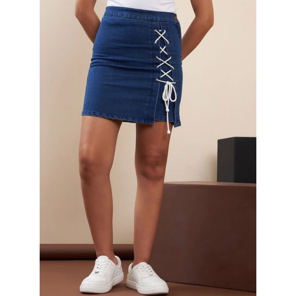 Generic Women's Denim Lycra Solid Button Skirt (Blue) - Image 4