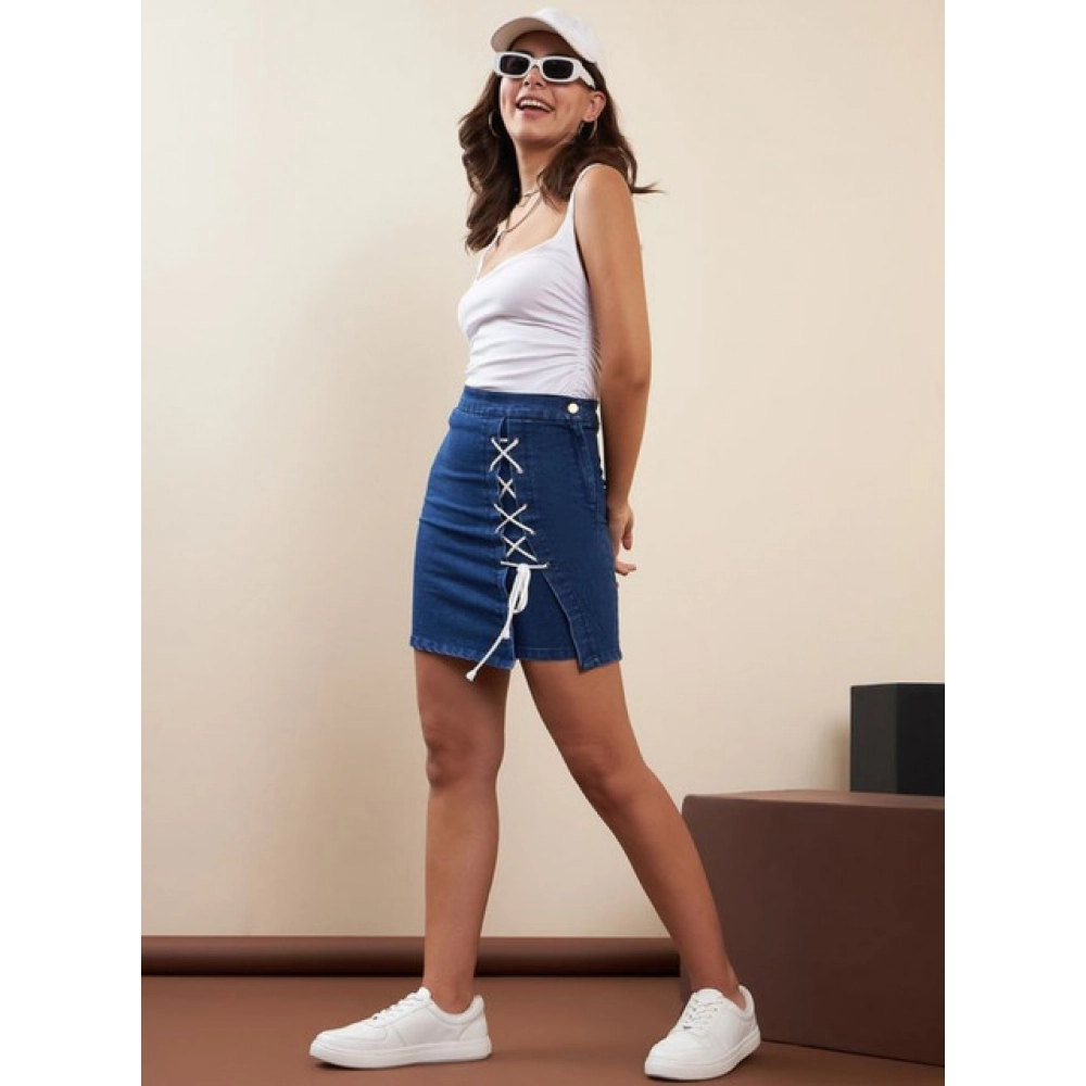 Generic Women's Denim Lycra Solid Button Skirt (Blue) - Image 3