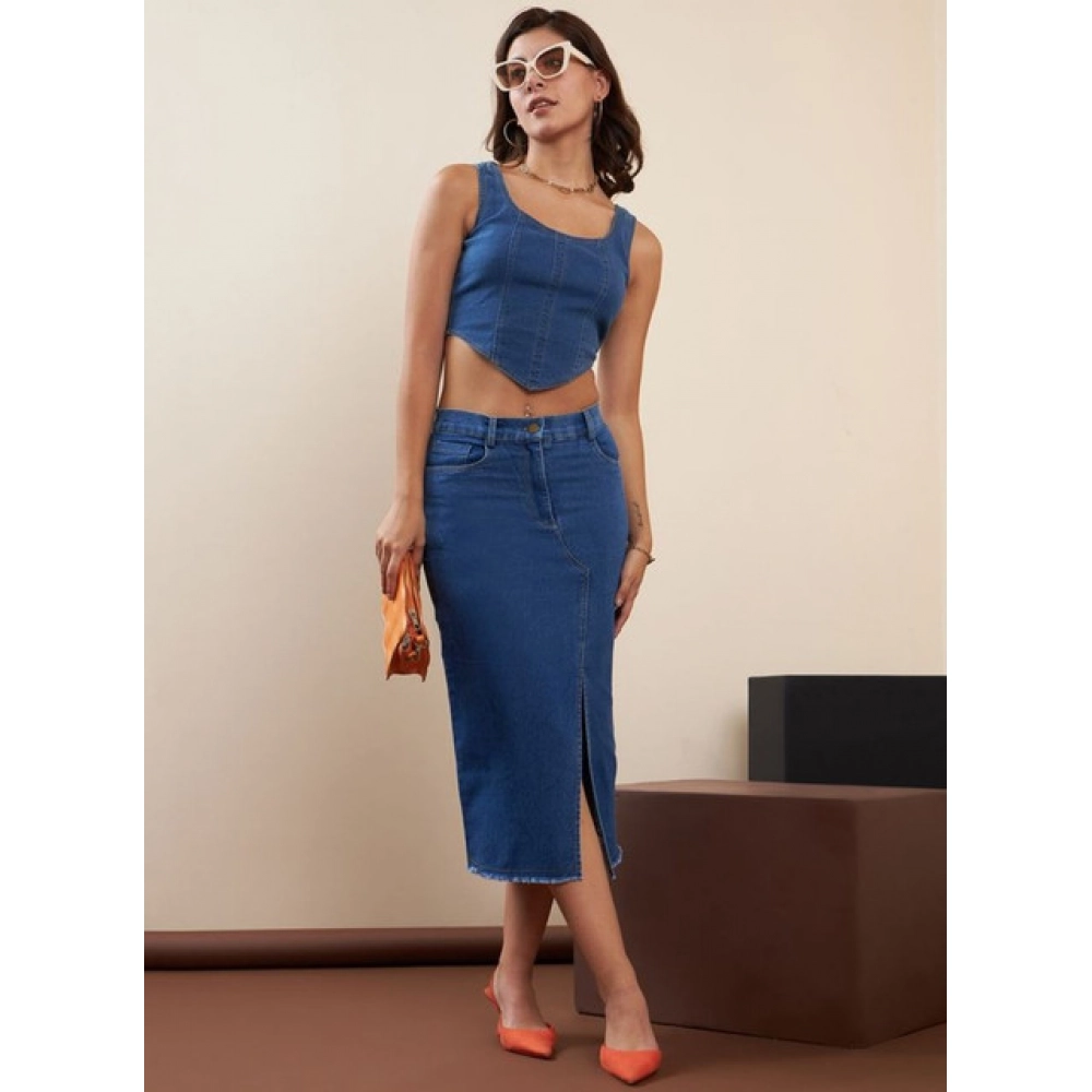 Generic Women's Denim Lycra Solid Button Skirt (Blue) - Image 3