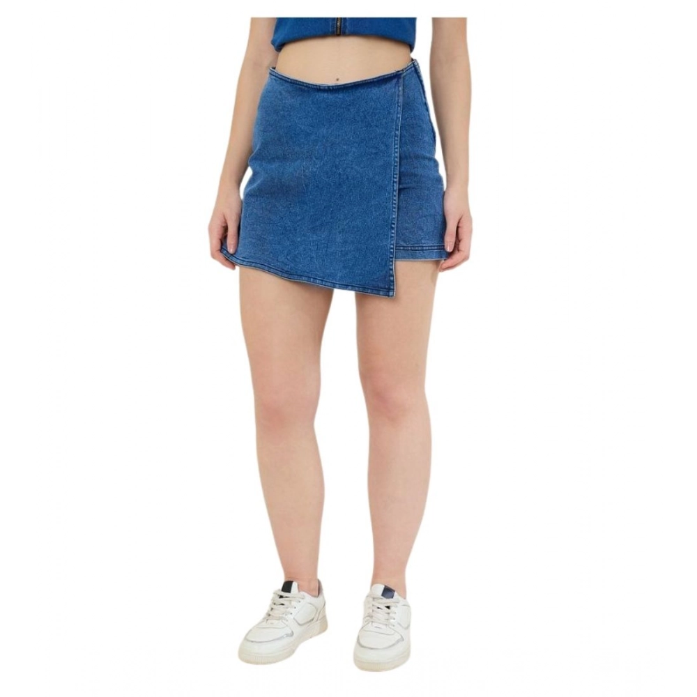 Generic Women's Denim Lycra Solid Zip Closure Skorts (Blue)