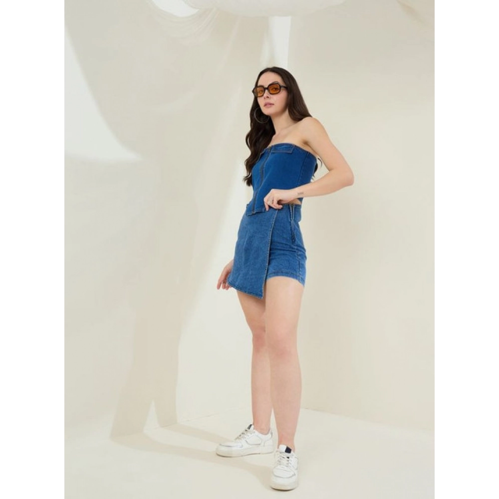 Generic Women's Denim Lycra Solid Zip Closure Skorts (Blue) - Image 2