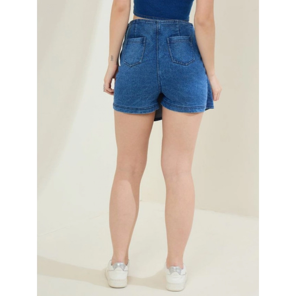 Generic Women's Denim Lycra Solid Zip Closure Skorts (Blue) - Image 3