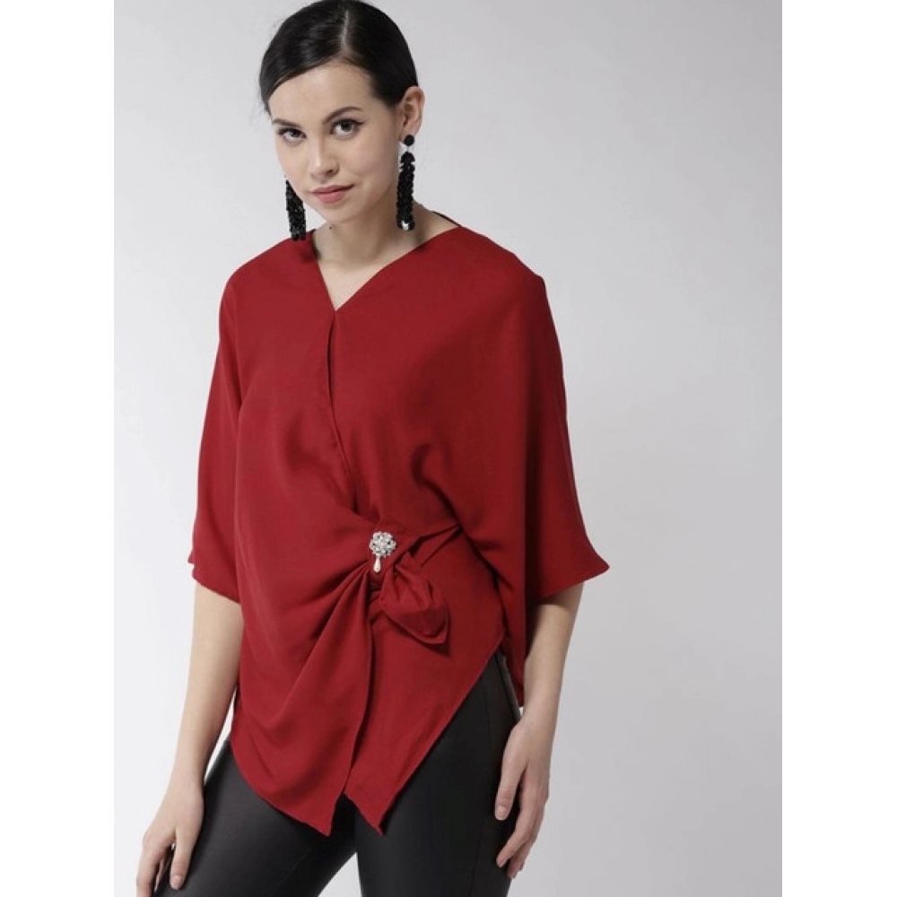Generic Women's Polyester Solid Cape Sleeve Top (Red) - Image 3