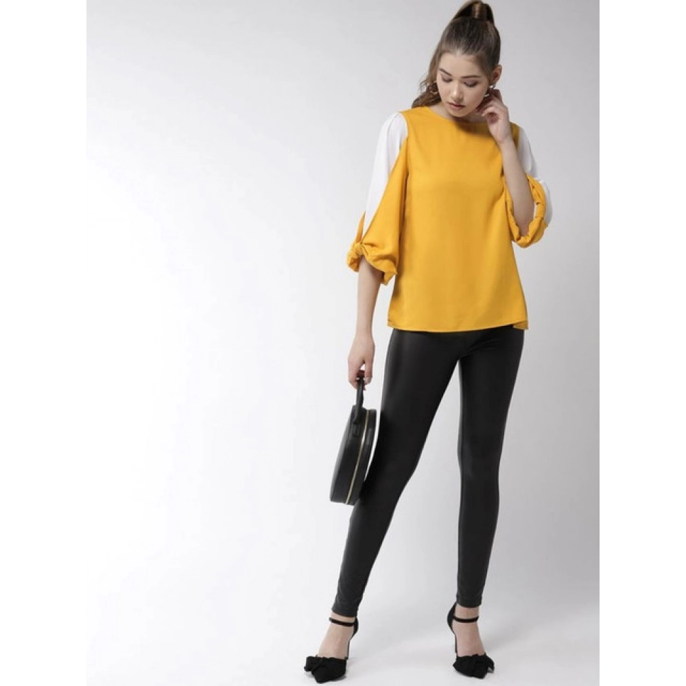 Generic Women's Polyester Colour Block Slit Sleeve Top (Yellow-White) - Image 5
