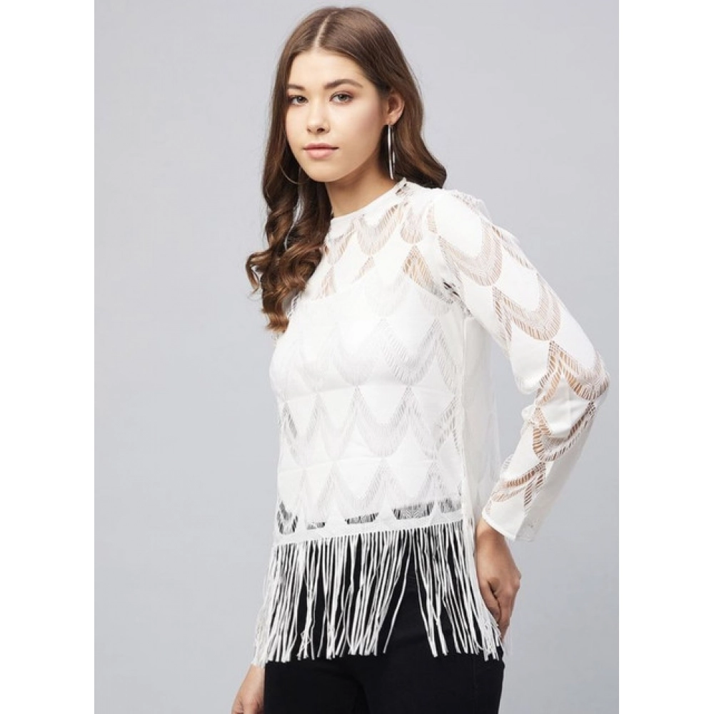Generic Women's Lace Self Design Short Sleeve Top (White) - Image 4