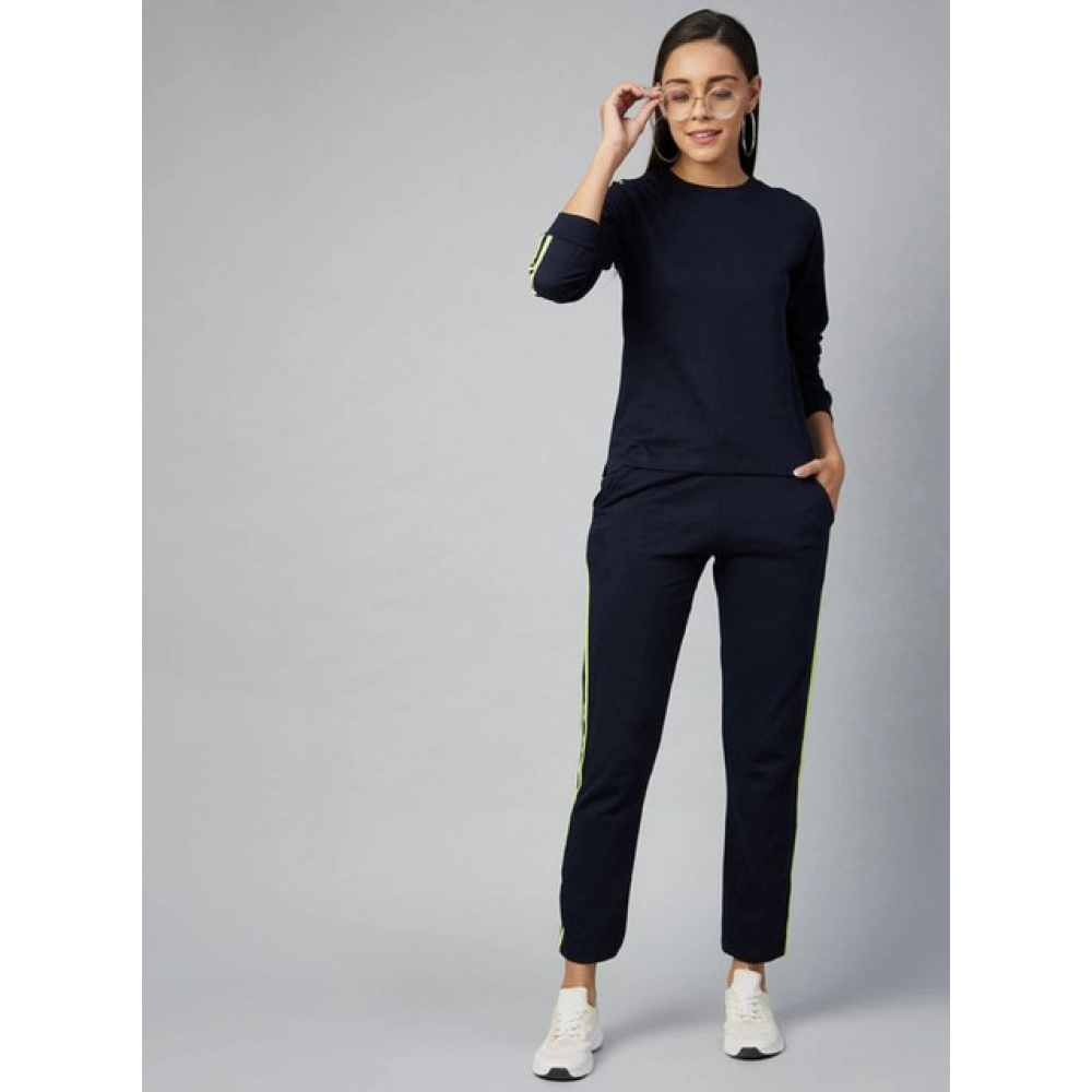 Generic Women's Cotton Solid Long Sleeves Tracksuit (Navy - Green) - Image 4
