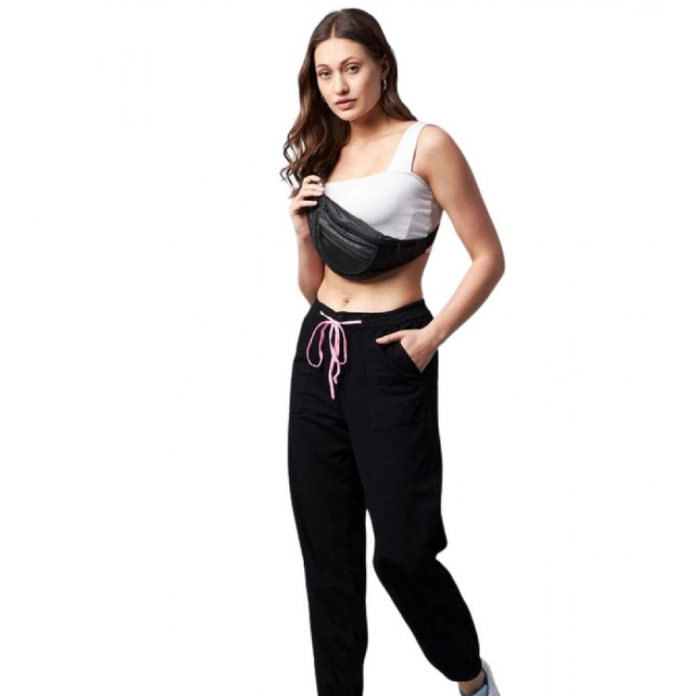 Generic Women's Cotton Twill Solid Elasticated Trousers (Black)