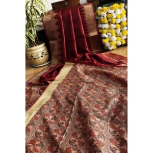 Generic Women's Tussar Silk Madhubani Saree With Unstitched Blouse 5.5Mtr (Maroon)