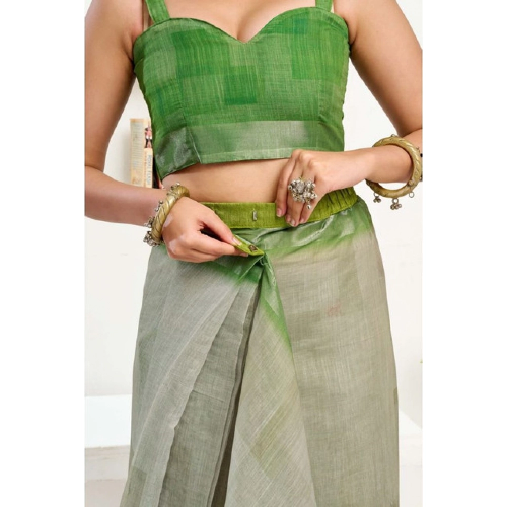 Generic Women's Faux Linen Printed Ready to wear Saree With Unstitched Blouse 5.5Mtr (Light_Green) - Image 2