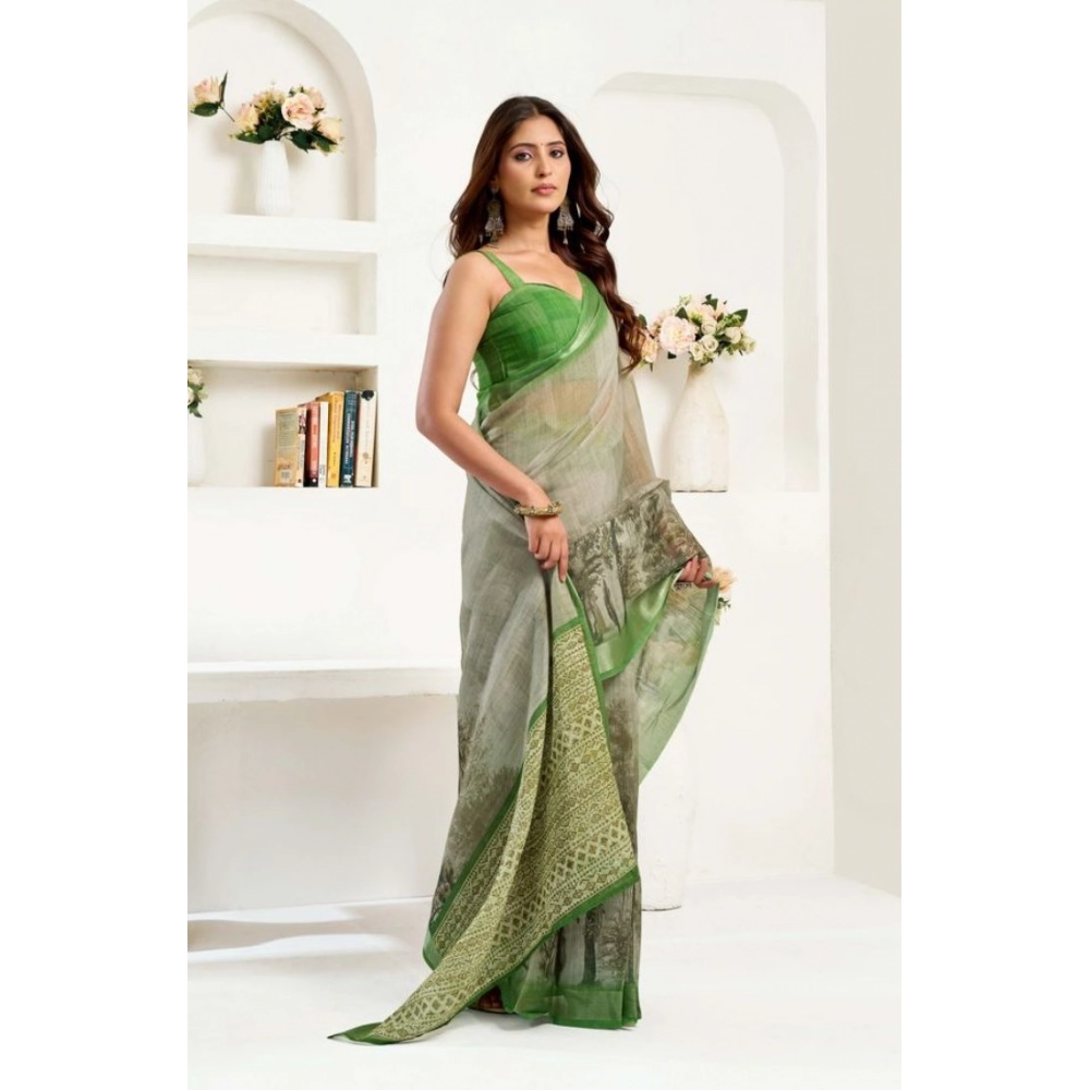 Generic Women's Faux Linen Printed Ready to wear Saree With Unstitched Blouse 5.5Mtr (Light_Green) - Image 3