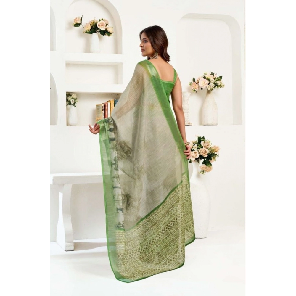 Generic Women's Faux Linen Printed Ready to wear Saree With Unstitched Blouse 5.5Mtr (Light_Green) - Image 4