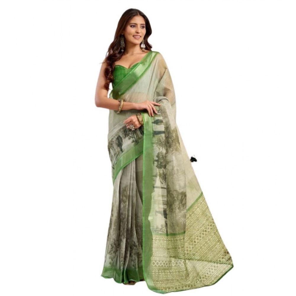 Generic Women's Faux Linen Printed Ready to wear Saree With Unstitched Blouse 5.5Mtr (Light_Green) - Image 5