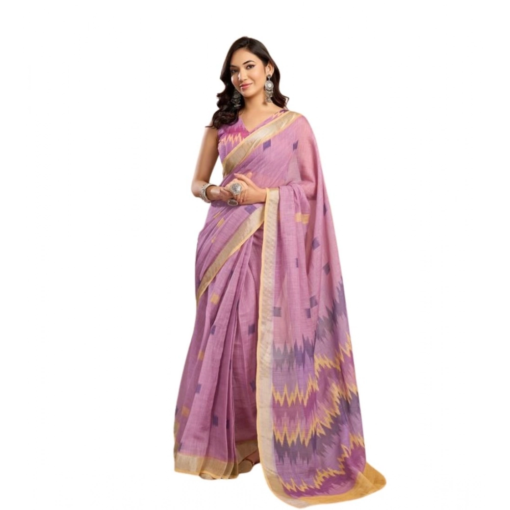 Generic Women's Faux Linen Floral Ready to wear Saree With Unstitched Blouse 5.5Mtr (Lavender) - Image 5