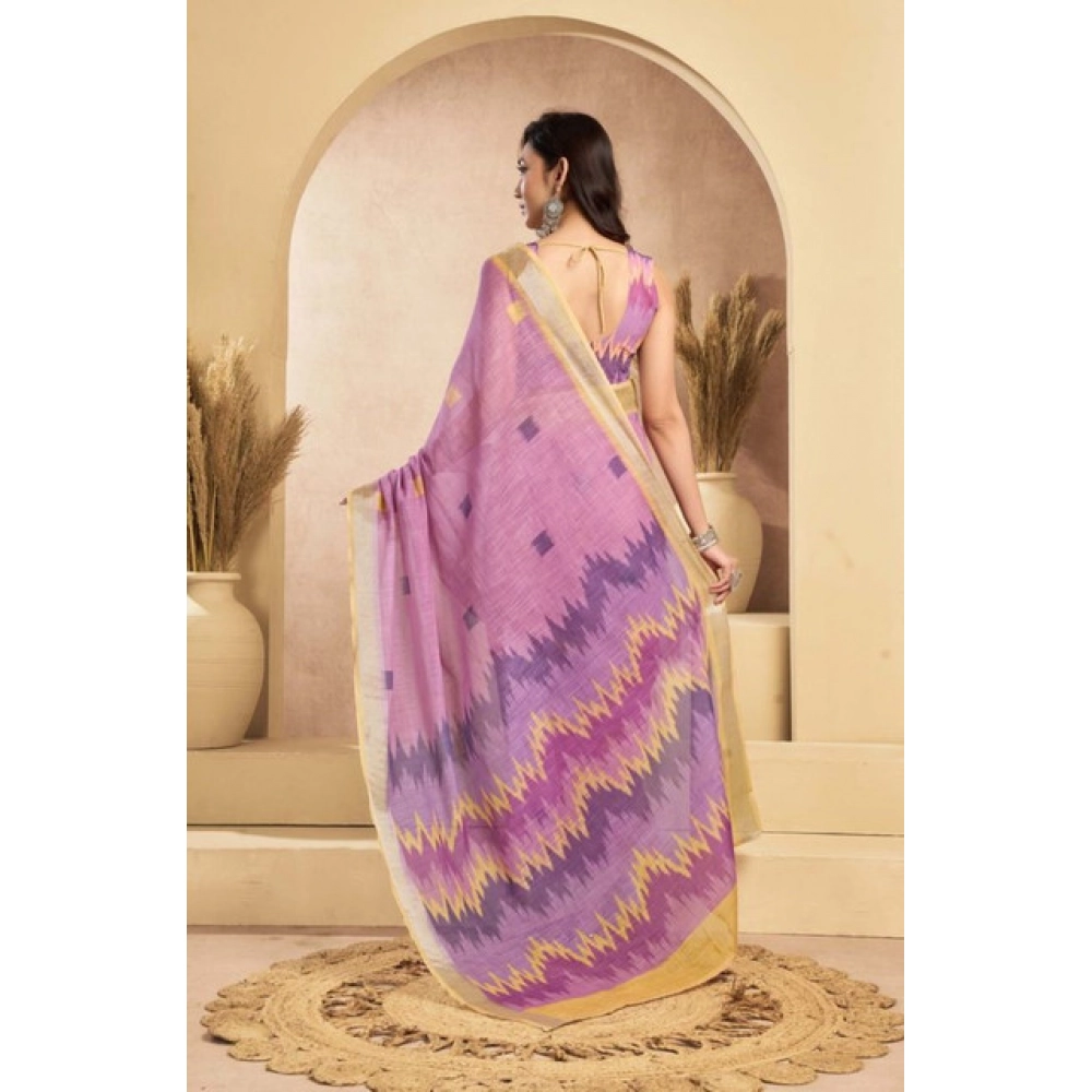 Generic Women's Faux Linen Floral Ready to wear Saree With Unstitched Blouse 5.5Mtr (Lavender) - Image 3
