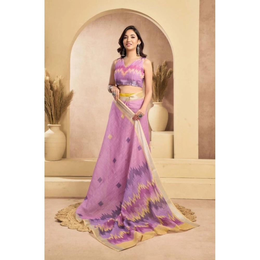 Generic Women's Faux Linen Floral Ready to wear Saree With Unstitched Blouse 5.5Mtr (Lavender) - Image 4