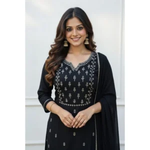 Generic Women's Georgette Ethnic Motif Round 3/4th Sleeve Kurti With Pant Dupatta Set (Black)