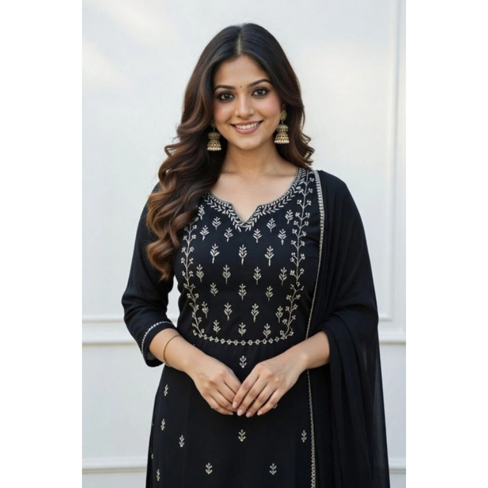 Generic Women's Georgette Ethnic Motif Round 3/4th Sleeve Kurti With Pant Dupatta Set (Black)