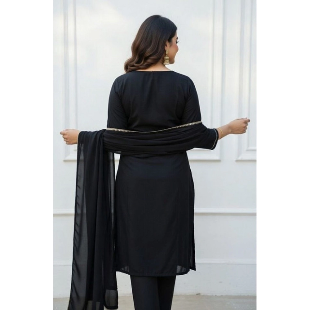 Generic Women's Georgette Ethnic Motif Round 3/4th Sleeve Kurti With Pant Dupatta Set (Black) - Image 2