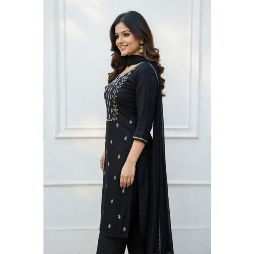 Generic Women's Georgette Ethnic Motif Round 3/4th Sleeve Kurti With Pant Dupatta Set (Black) - Image 3