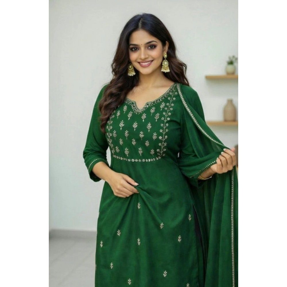 Generic Women's Georgette Ethnic Motif Round 3/4th Sleeve Kurti With Pant Dupatta Set (Green)