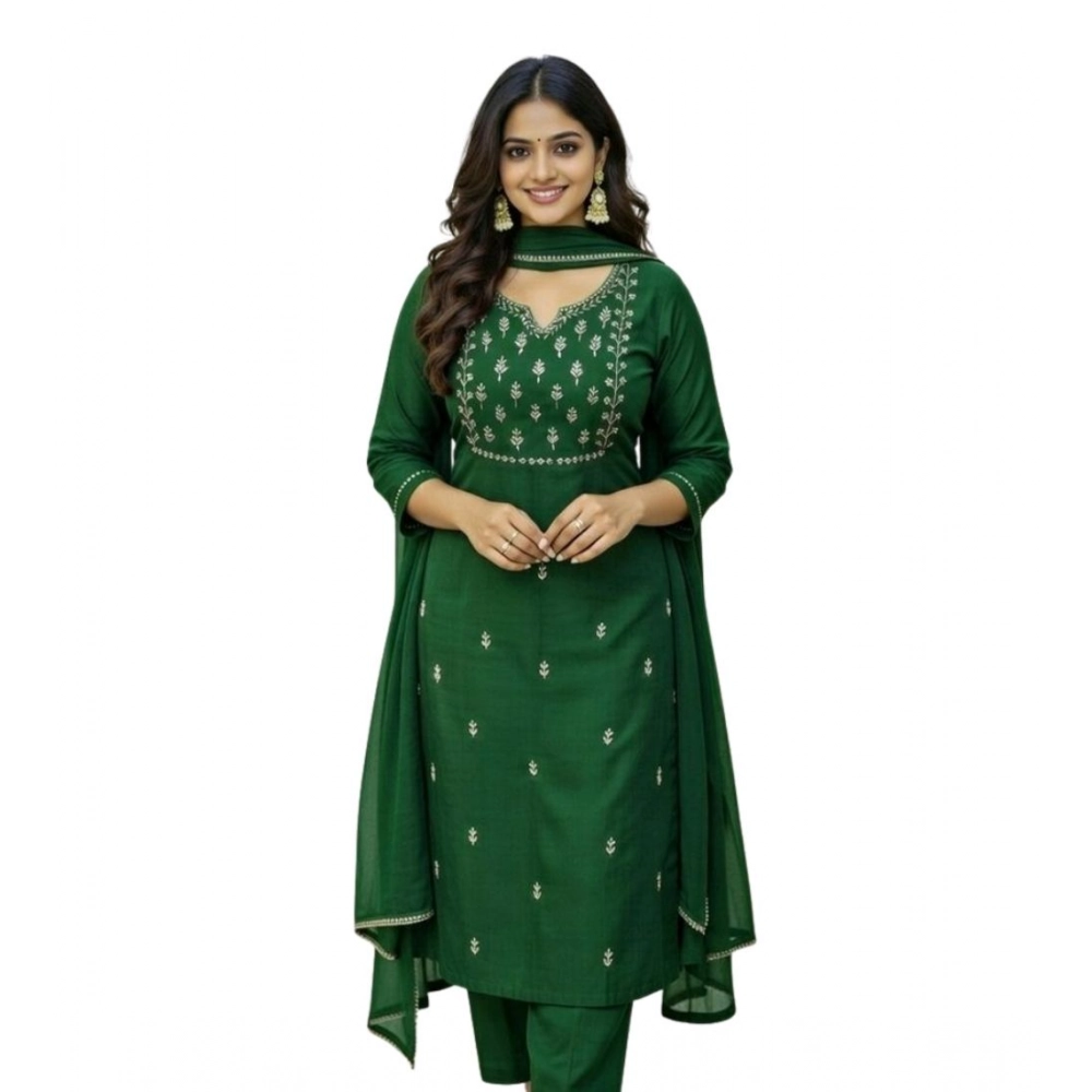 Generic Women's Georgette Ethnic Motif Round 3/4th Sleeve Kurti With Pant Dupatta Set (Green) - Image 3