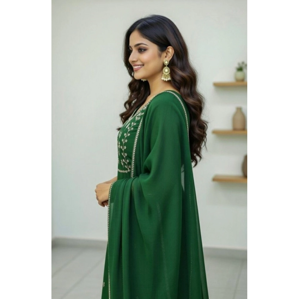 Generic Women's Georgette Ethnic Motif Round 3/4th Sleeve Kurti With Pant Dupatta Set (Green) - Image 4