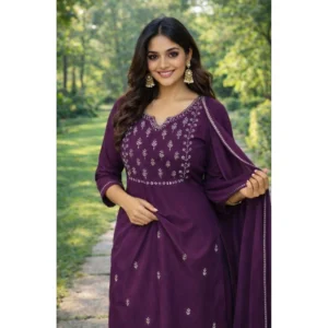 Generic Women's Georgette Ethnic Motif Round 3/4th Sleeve Kurti With Pant Dupatta Set (Magenta)