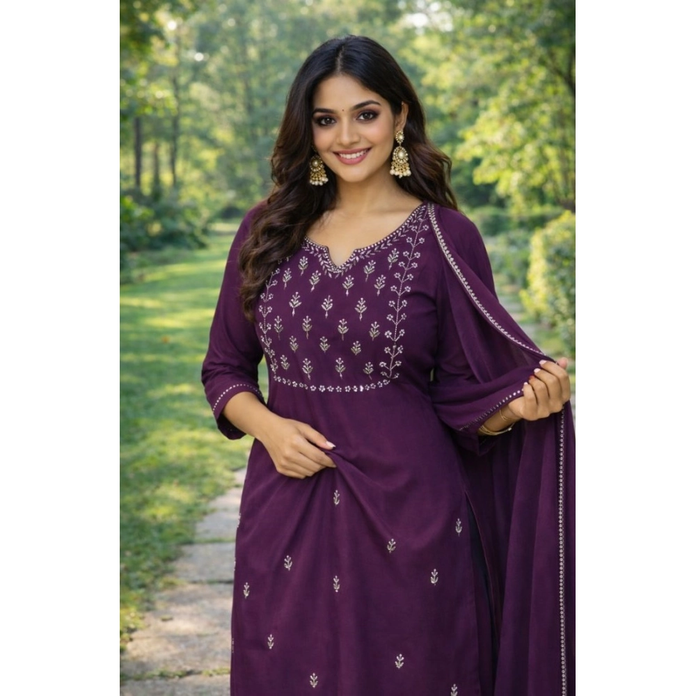 Generic Women's Georgette Ethnic Motif Round 3/4th Sleeve Kurti With Pant Dupatta Set (Magenta)