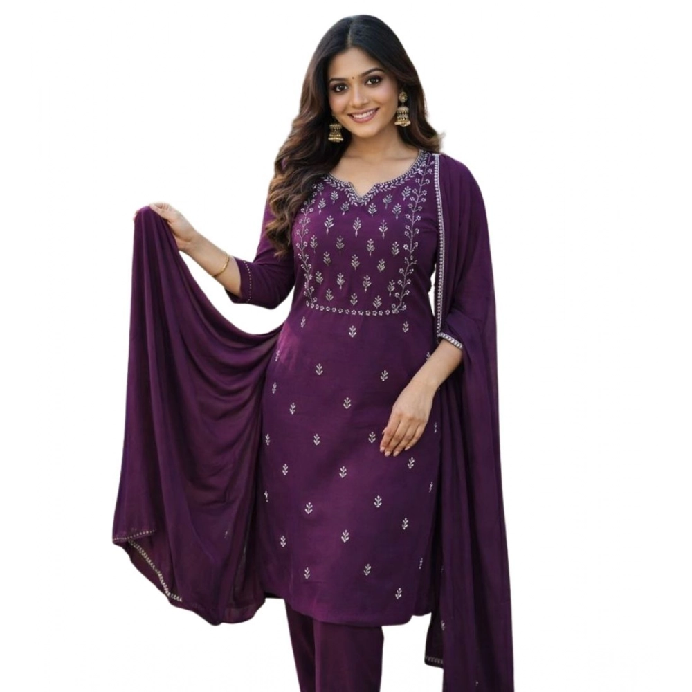 Generic Women's Georgette Ethnic Motif Round 3/4th Sleeve Kurti With Pant Dupatta Set (Magenta) - Image 3