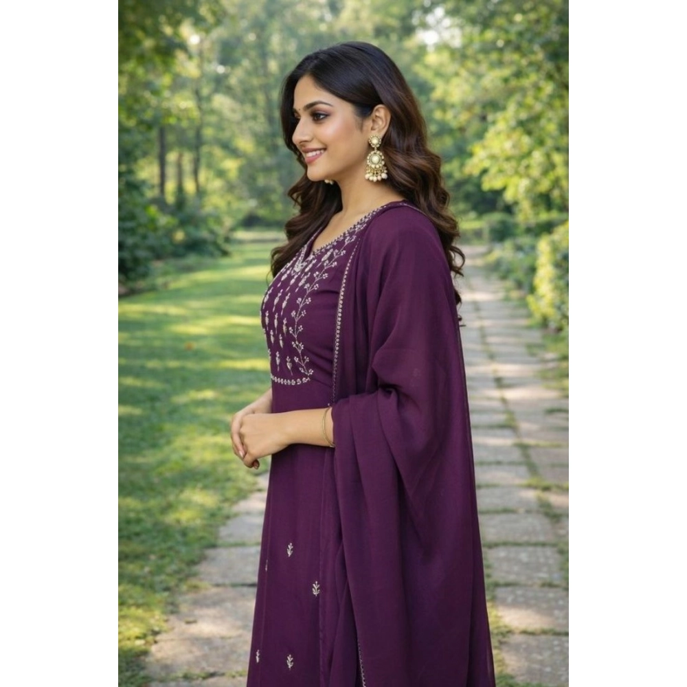 Generic Women's Georgette Ethnic Motif Round 3/4th Sleeve Kurti With Pant Dupatta Set (Magenta) - Image 4
