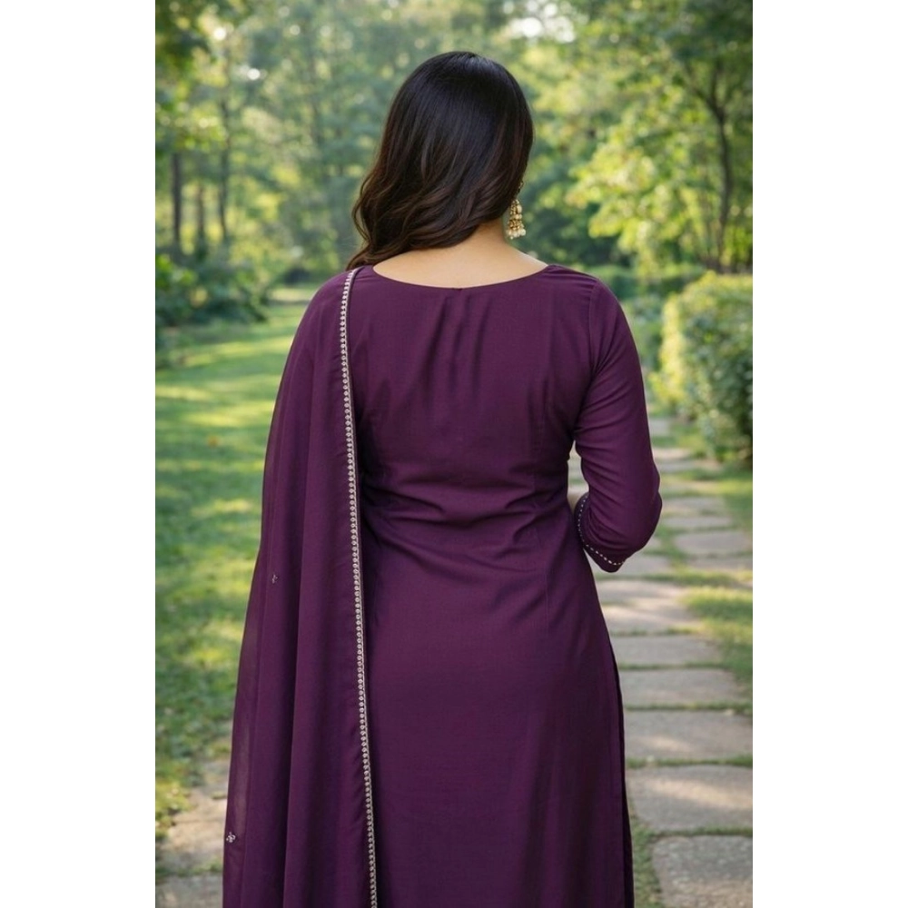 Generic Women's Georgette Ethnic Motif Round 3/4th Sleeve Kurti With Pant Dupatta Set (Magenta) - Image 5