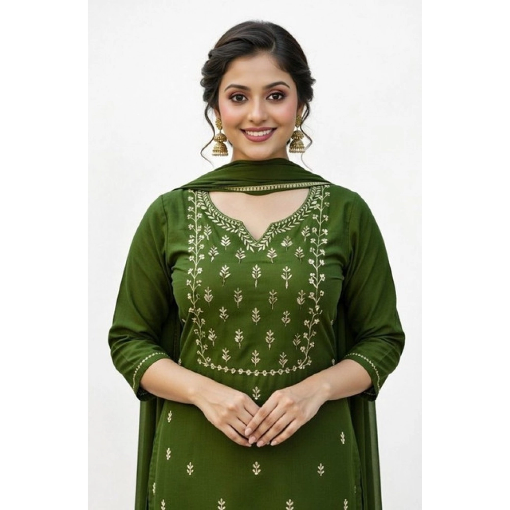 Generic Women's Georgette Ethnic Motif Round 3/4th Sleeve Kurti With Pant Dupatta Set (Mahendi)