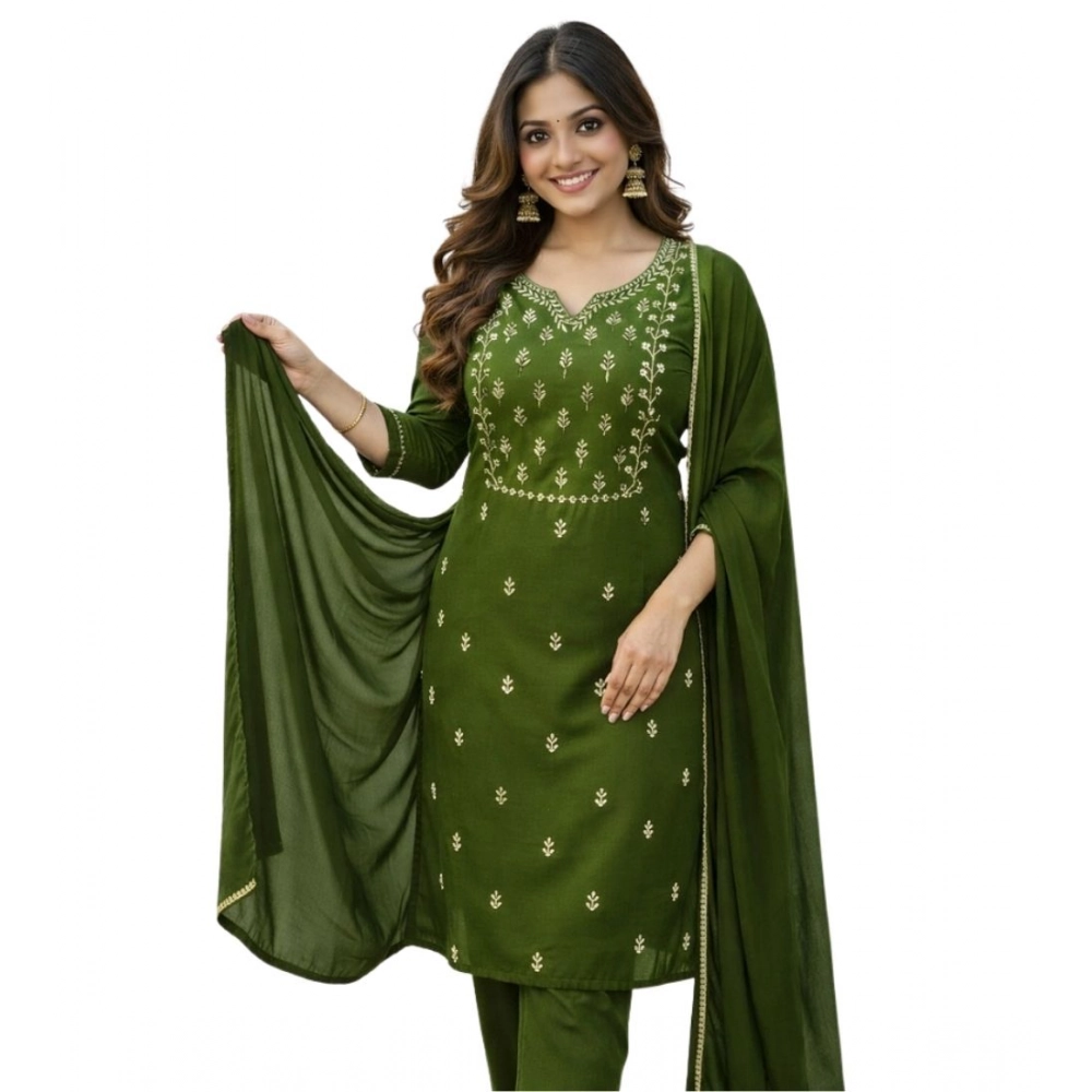 Generic Women's Georgette Ethnic Motif Round 3/4th Sleeve Kurti With Pant Dupatta Set (Mahendi) - Image 2