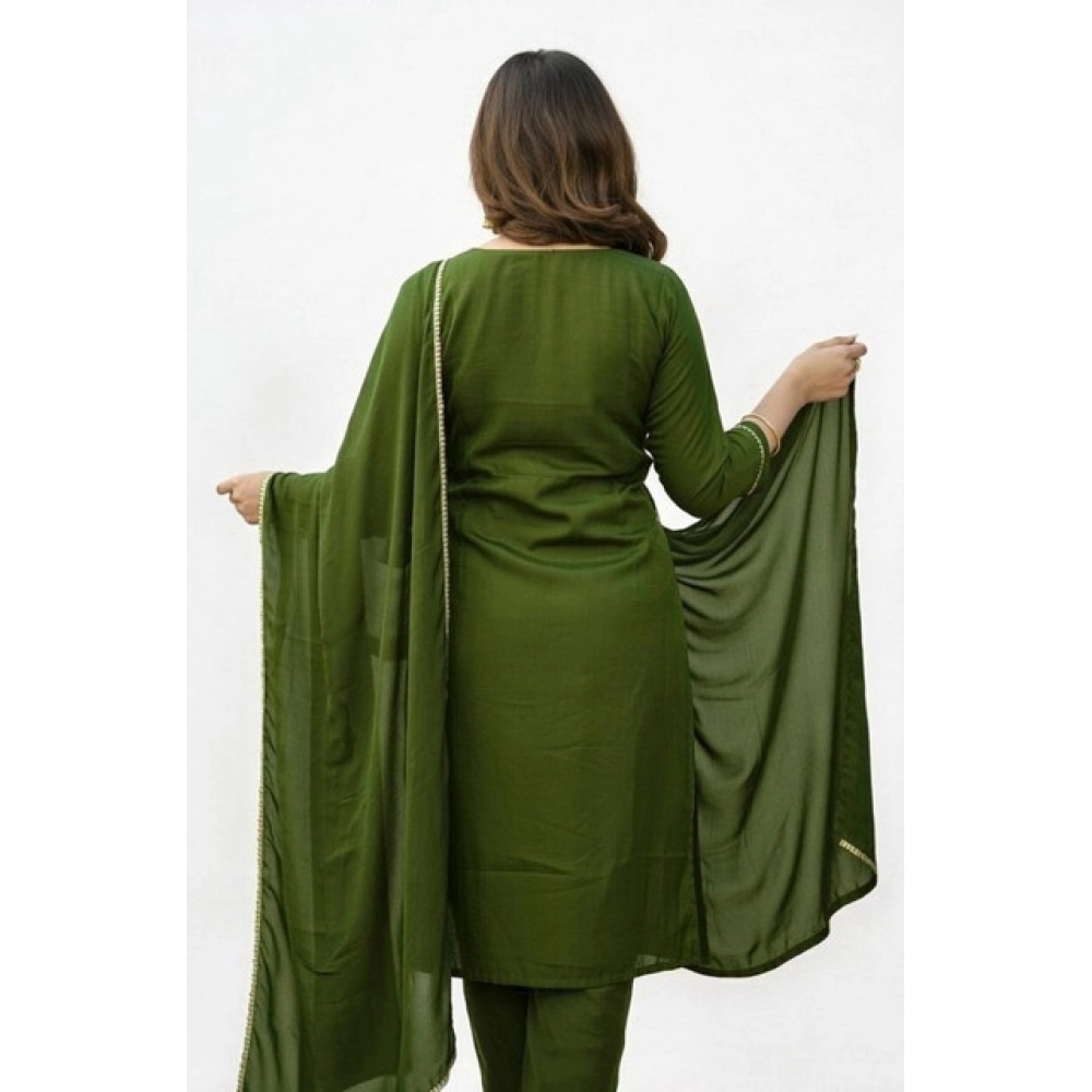 Generic Women's Georgette Ethnic Motif Round 3/4th Sleeve Kurti With Pant Dupatta Set (Mahendi) - Image 4
