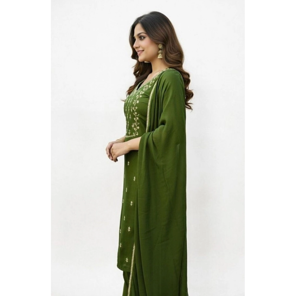 Generic Women's Georgette Ethnic Motif Round 3/4th Sleeve Kurti With Pant Dupatta Set (Mahendi) - Image 5