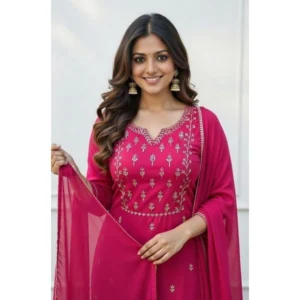 Generic Women's Georgette Ethnic Motif Round 3/4th Sleeve Kurti With Pant Dupatta Set (Pink)