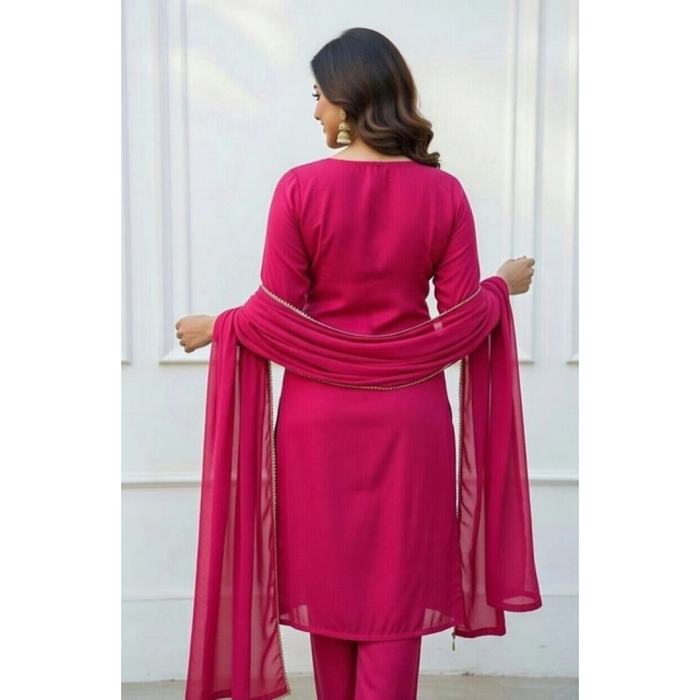 Generic Women's Georgette Ethnic Motif Round 3/4th Sleeve Kurti With Pant Dupatta Set (Pink) - Image 3