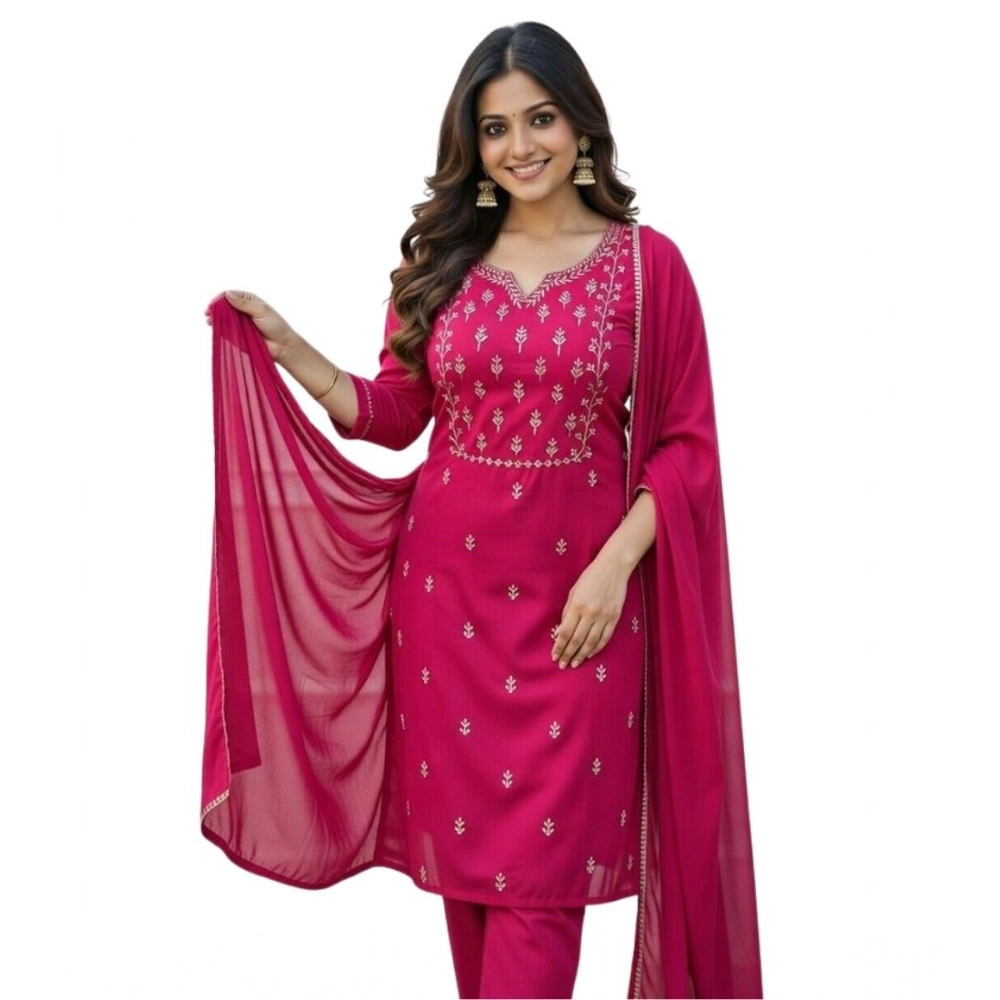 Generic Women's Georgette Ethnic Motif Round 3/4th Sleeve Kurti With Pant Dupatta Set (Pink) - Image 4
