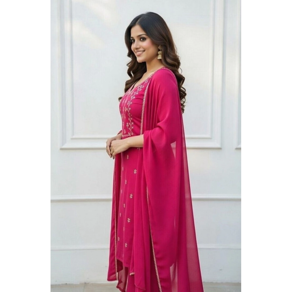 Generic Women's Georgette Ethnic Motif Round 3/4th Sleeve Kurti With Pant Dupatta Set (Pink) - Image 5