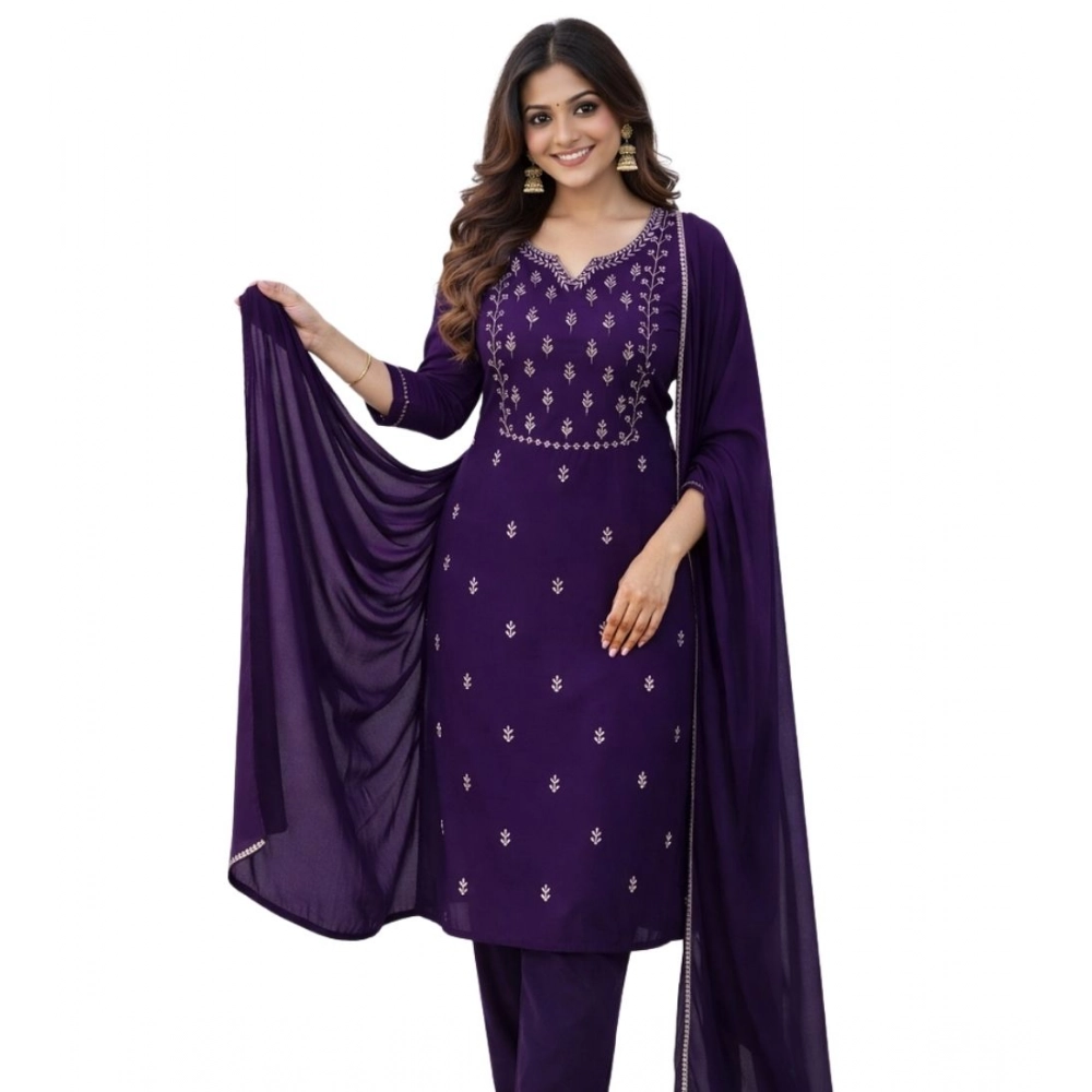 Generic Women's Georgette Ethnic Motif Round 3/4th Sleeve Kurti With Pant Dupatta Set (Purple) - Image 2