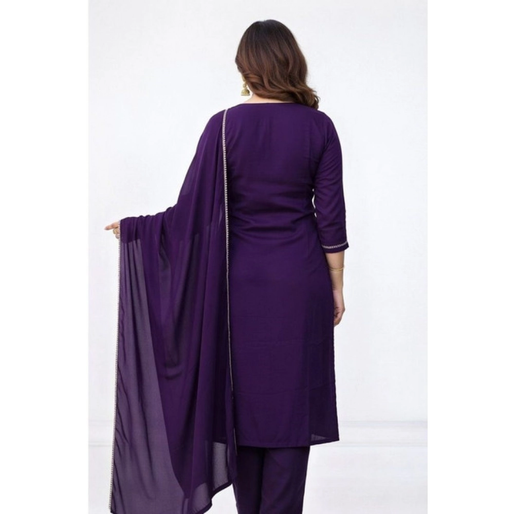 Generic Women's Georgette Ethnic Motif Round 3/4th Sleeve Kurti With Pant Dupatta Set (Purple) - Image 4