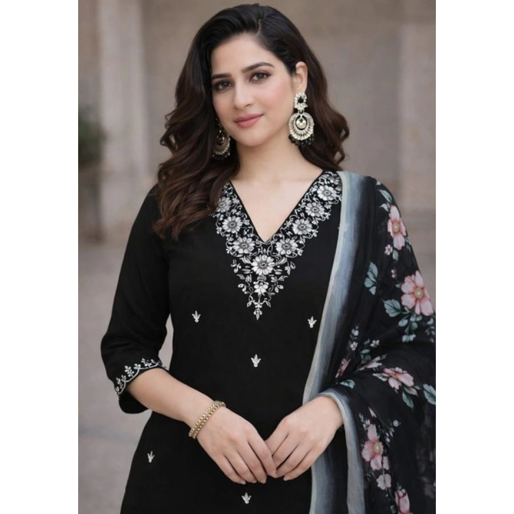 Generic Women's Chanderi Silk Ethnic Motif V-Neck 3/4th Sleeve Kurti With Pant Dupatta Set (Black)