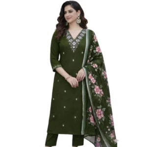 Generic Women's Chanderi Silk Ethnic Motif V-Neck 3/4th Sleeve Kurti With Pant Dupatta Set (Mahendi)