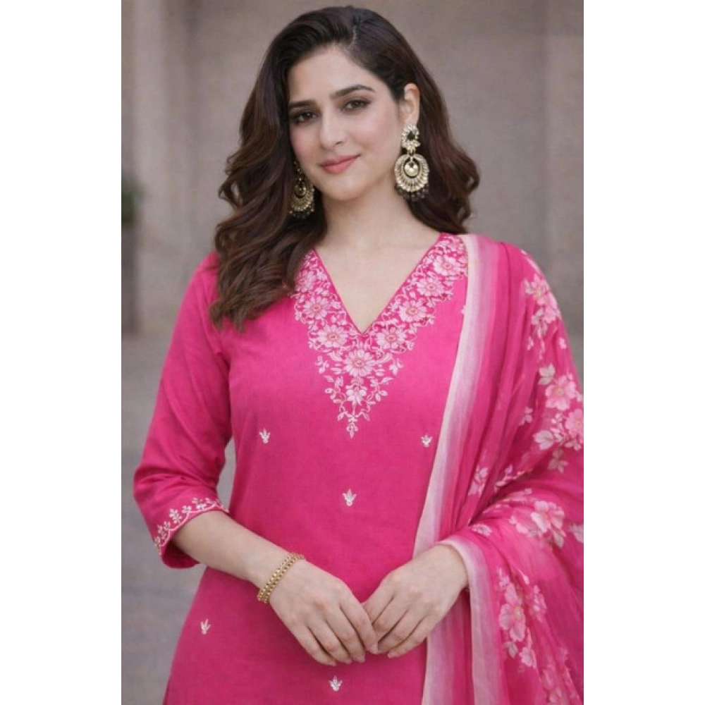 Generic Women's Chanderi Silk Ethnic Motif V-Neck 3/4th Sleeve Kurti With Pant Dupatta Set (Pink)