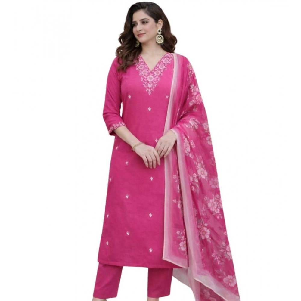 Generic Women's Chanderi Silk Ethnic Motif V-Neck 3/4th Sleeve Kurti With Pant Dupatta Set (Pink) - Image 3