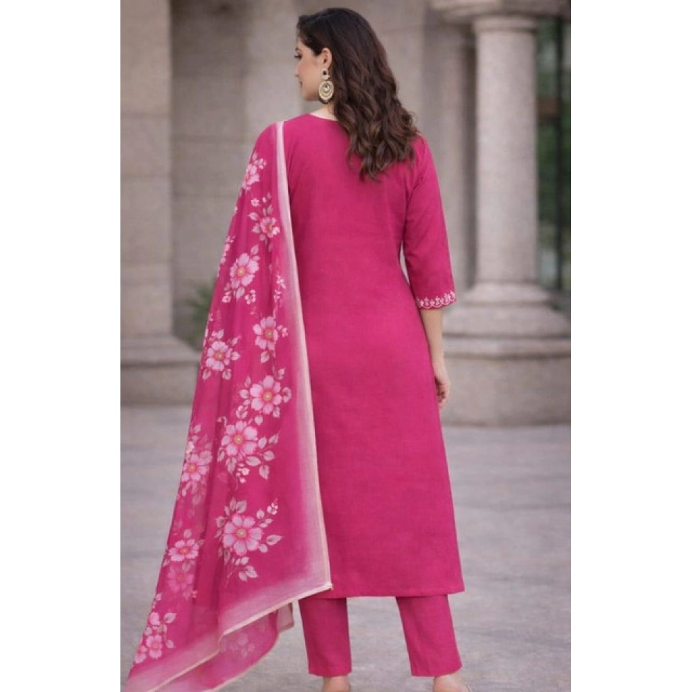 Generic Women's Chanderi Silk Ethnic Motif V-Neck 3/4th Sleeve Kurti With Pant Dupatta Set (Pink) - Image 4