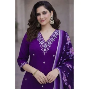 Generic Women's Chanderi Silk Ethnic Motif V-Neck 3/4th Sleeve Kurti With Pant Dupatta Set (Purple)