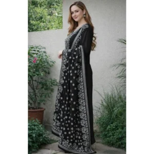 Generic Women's Chanderi Silk Ethnic Motif Round 3/4th Sleeve Kurti With Pant Dupatta Set (Black)