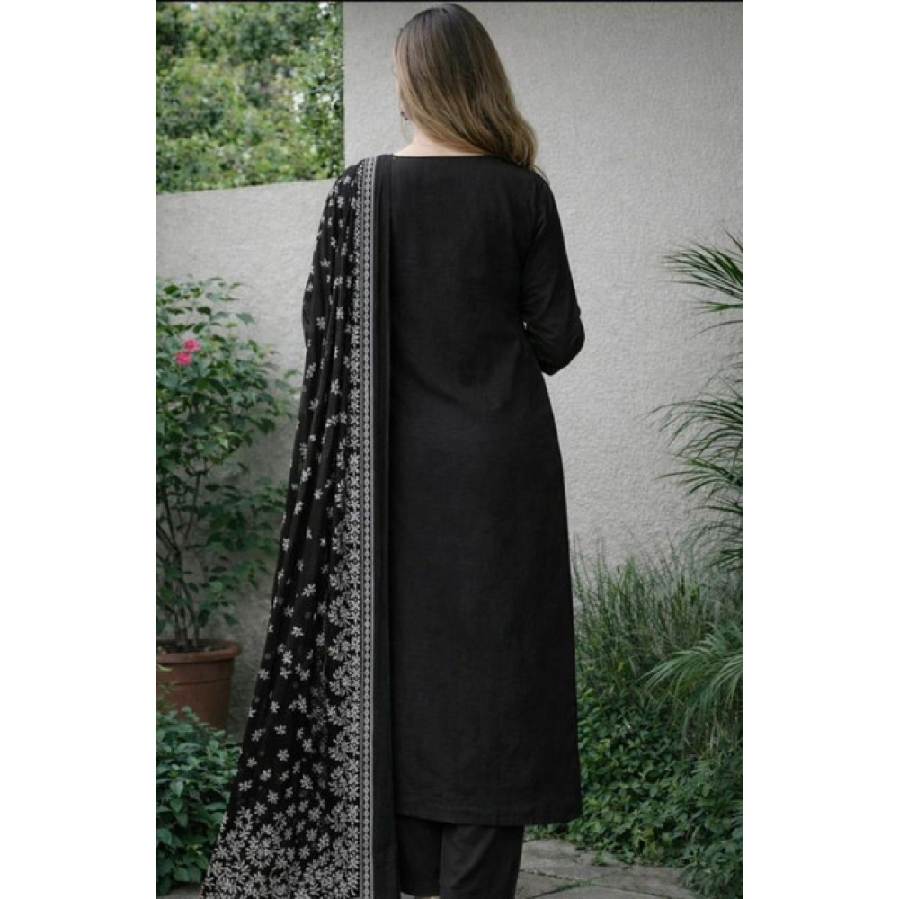 Generic Women's Chanderi Silk Ethnic Motif Round 3/4th Sleeve Kurti With Pant Dupatta Set (Black) - Image 3