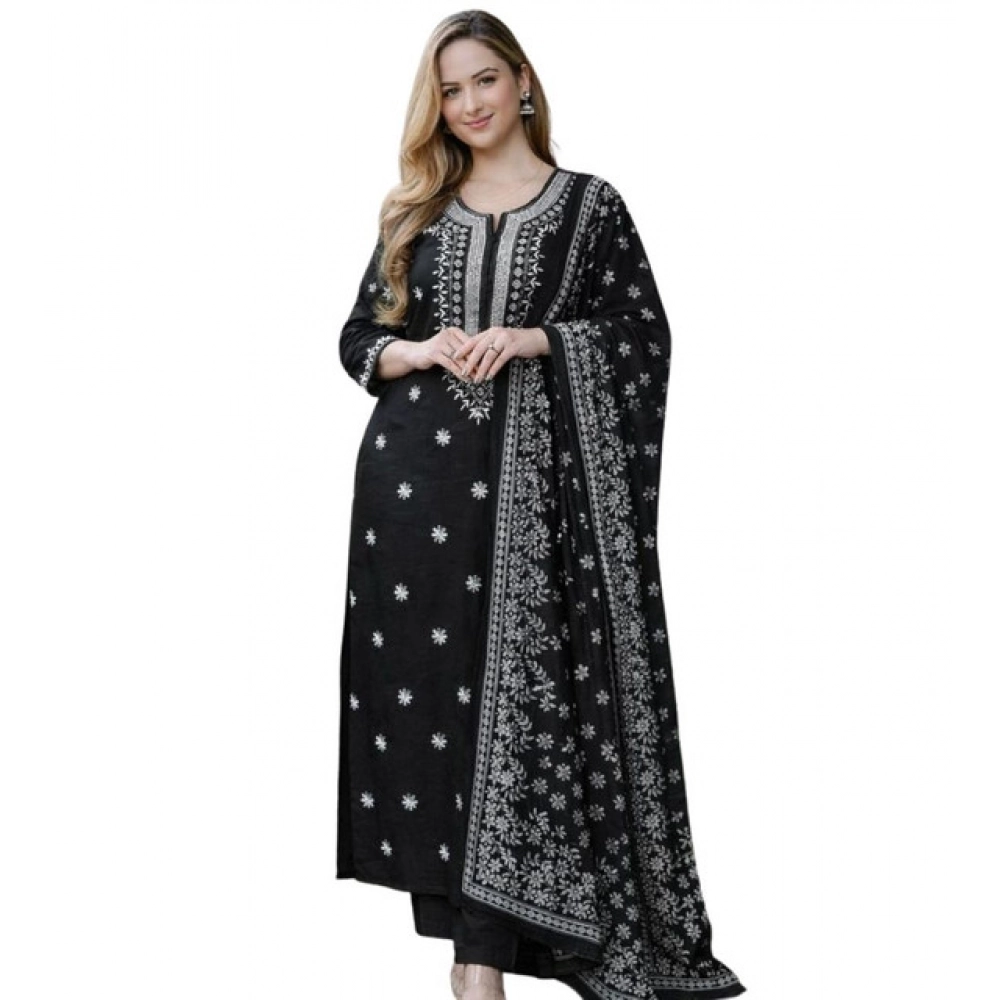 Generic Women's Chanderi Silk Ethnic Motif Round 3/4th Sleeve Kurti With Pant Dupatta Set (Black) - Image 4